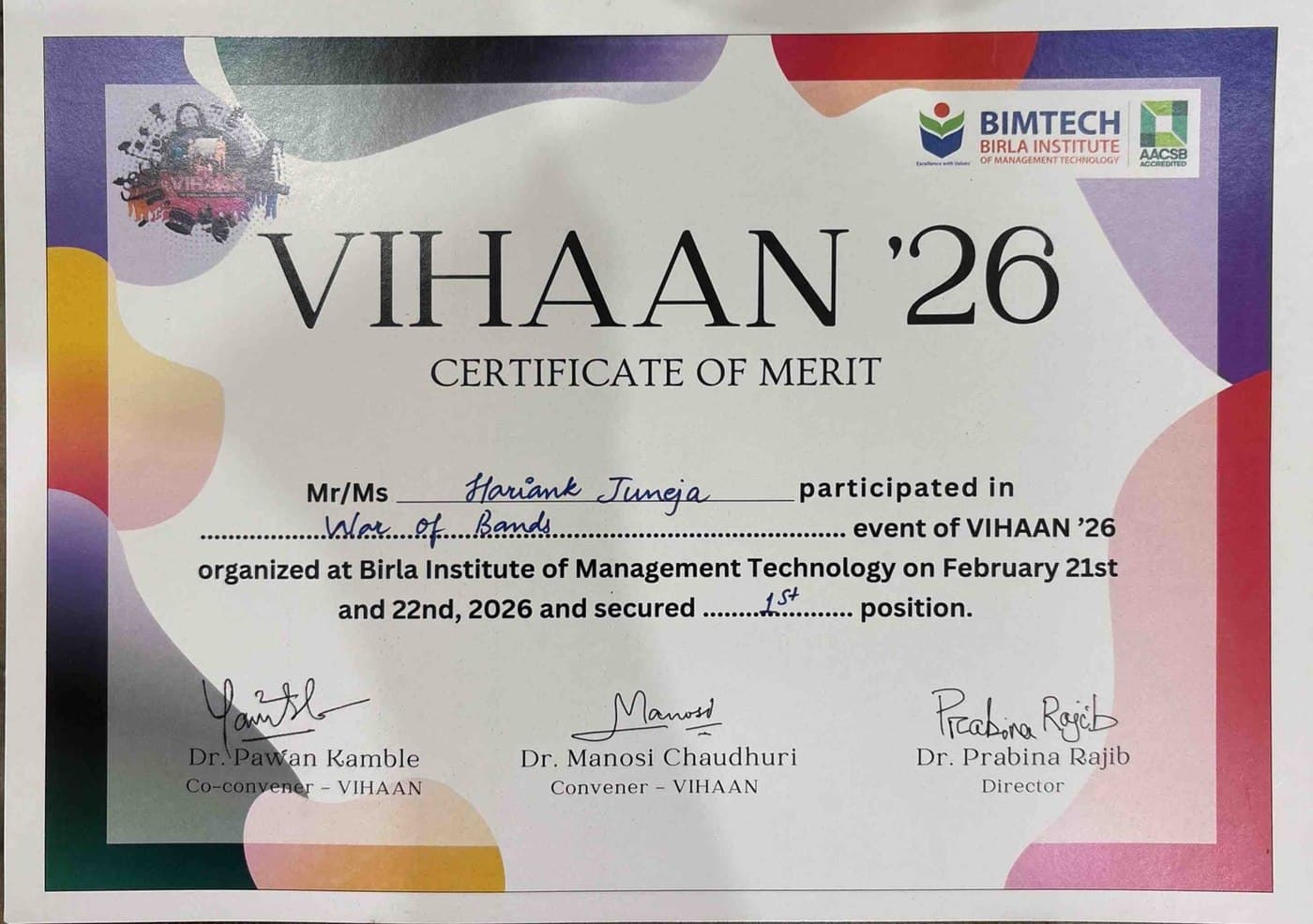 VIHAAN '26 certificate of merit awarded to Hariank Juneja for first position in War of Bands at Birla Institute of Management Technology, February 2026.