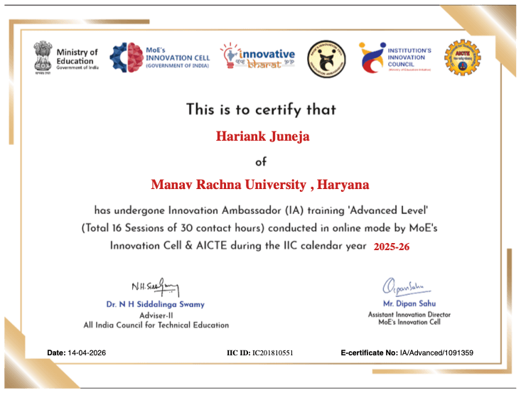 Innovation Ambassador Advanced Level certificate, MoE's Innovation Cell & AICTE, E-cert IA/Advanced/1091359