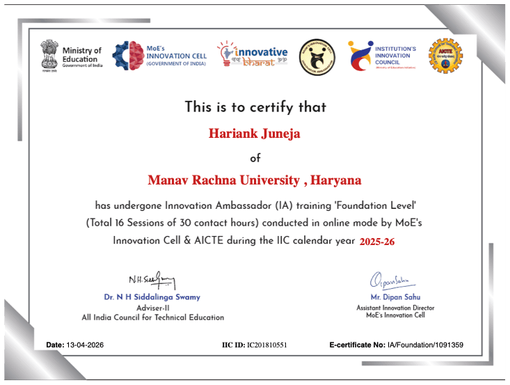 Innovation Ambassador Foundation Level certificate, MoE's Innovation Cell & AICTE, E-cert IA/Foundation/1091359