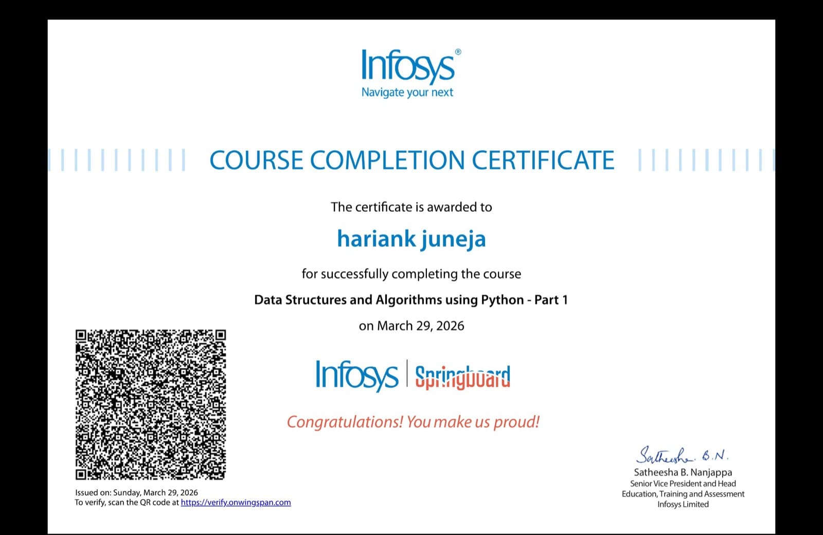 Infosys Springboard course completion certificate — Data Structures and Algorithms using Python Part 1