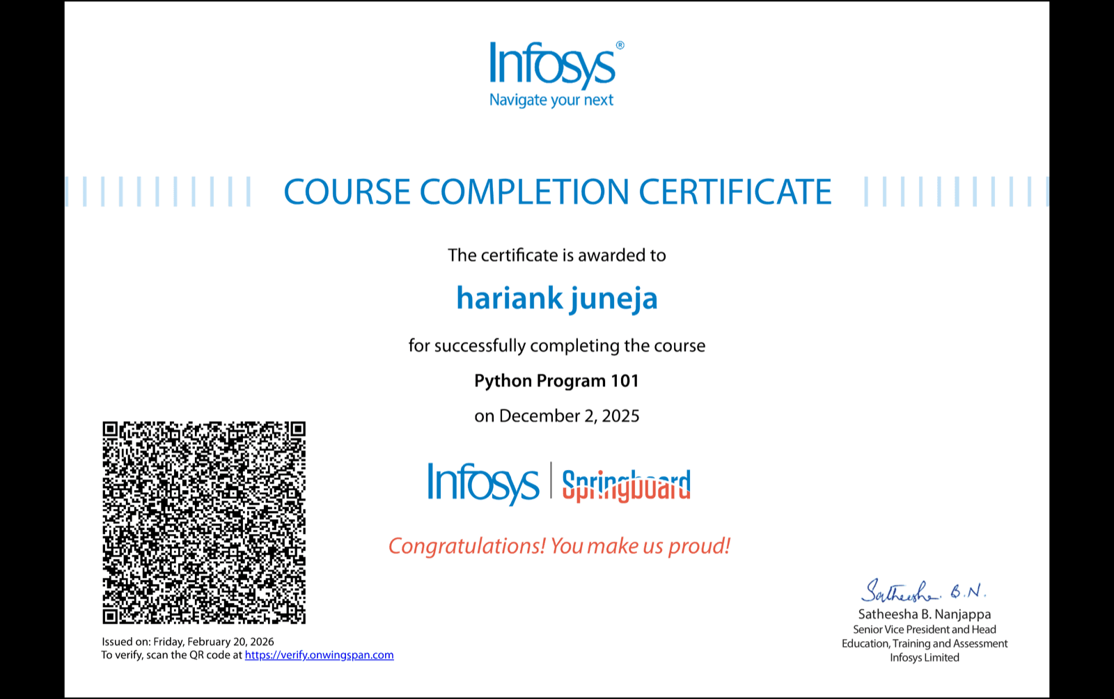 Infosys Springboard course completion certificate — Python Program 101